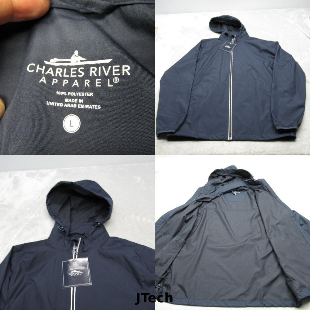 Charles River Windbreaker Jacket Men Large Blue Hooded Full Zip Lightweight NWD
